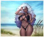  1girl akira_raikou beach big_breasts breasts cleavage dark-skinned_female dark_skin female_only looking_at_viewer thick_thighs wide_hips 