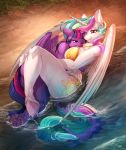  2017 2girls anthro bikini clothing cutie_mark david_delanty duo equine feathered_wings feathers female female_only friendship_is_magic furry hair high_res horn longinius lying mammal multicolored_hair multiple_girls my_little_pony one_eye_closed outside princess_celestia purple_feathers source_request swimsuit twilight_sparkle water wet white_feathers winged_unicorn wings yuri 