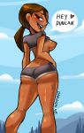  black_eyes breasts breasts_out_of_clothes brown_hair brown_skin cartoon_network courtney_(tdi) darigem dark-skinned_female freckles heart-shaped_pupils hourglass_figure latina looking_down short_hair sweating_profusely thick_ass thick_legs thick_thighs total_drama_island 