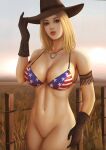  1girl alluring american_flag_bikini athletic_female bare_legs big_breasts bikini blonde_hair cowboy_hat dead_or_alive female_abs fit_female flag_print hat high_res naked_from_the_waist_down patreon_username pussy swimsuit tecmo tina_armstrong yupachu 