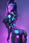  ass black_hair blue_eyes breasts pink_background robot_girl tentacle_sex 
