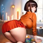  1girl ai_generated ass big_ass big_breasts breasts brown_hair bubble_butt bulging_breasts clothed_female female_focus female_only glasses looking_at_viewer looking_back scooby-doo short_hair solo_female solo_focus stable_diffusion tagme teen velma_dinkley 