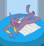  2013 5_toes alien animated beerus blinking butt claws dragon_ball ear_piercing erection feline hindpaw looking_at_viewer lying male nude on_front paws penis piercing purple_skin solo teasing toe_claws toes yellow_eyes yellowpower 