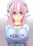  1girl 4chan blush breasts cleavage clothes_writing headphones huge_breasts jewelry long_hair looking_at_viewer magister magister_(bigbakunyuu) magister_(medical_whiskey) necklace nitroplus pink_eyes pink_hair shirt smile solo super_sonico taut_clothes taut_shirt v_arms 