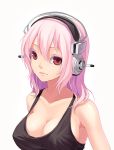  1girl bad_id bare_shoulders breasts bust cleavage collarbone colored_eyelashes fkey hair_between_eyes headphones highres lips long_hair looking_at_viewer nitroplus pink_hair red_eyes shiny shiny_skin simple_background sleeveless solo super_sonico upper_body white_background 