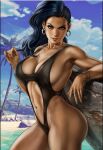 1girl abs alluring athletic_female beach big_breasts bikini black_hair bracelet bracelets breasts brown_eyes capcom dandon_fuga dark-skinned_female dark_skin earrings female_abs female_only fit_female golden_bracelet golden_earrings hoop_earrings jewelry latina laura_matsuda long_hair looking_at_viewer palm_tree ring smile solo_female solo_focus standing street_fighter street_fighter_v swimsuit thick_thighs 