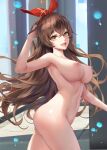 1girl alternate_breast_size alternative_bust_size amber_(genshin_impact) areola bangs big_breasts blush breasts brown_eyes brown_hair bubble_butt chihunhentai completely_nude crossed_bangs erect_nipples eyebrows_visible_through_hair female_only genshin_impact hair_ornament hair_ribbon hand_behind_head high_resolution hips large_filesize light-skinned_female light_skin long_hair looking_at_viewer navel nipples nude nude_female open-mouth_smile open_mouth paid_reward red_hair_ornament red_hair_ribbon red_ribbon ribbon slender_waist smile solo_female stomach thicc thick_thighs thighs toned upper_teeth very_high_resolution very_long_hair yellow_eyes 