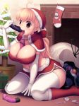  1girl bag between_breasts blonde_hair breasts brown_eyes brown_hair christmas christmas_tree cleavage condom condom_wrapper dildo female fortune_quest happy hat huge_breasts indoors kanisaka kneeling leaning_forward long_hair looking_at_viewer miniskirt navel no_bra open_mouth pastel_(fortune_quest) pinky_out ponytail santa_hat sex_toy sitting skirt smile solo strapless thighhighs tongue tongue_out tubetop used_condom vibrator wariza 