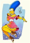  ass blue_hair breasts dress earrings erect_nipples_under_clothes heeled_boots marge_simpson no_panties pearls the_simpsons thighs yellow_skin 
