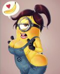  banana cleavage heart huge_breasts imminent_sex minions minions_(character) one_eye overalls phallic_symbol shadman yellow_skin 
