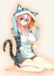  1girl animal_hood bare_legs barefoot blush breasts cat_hood collarbone gen_(black_factory) headphones hood impossible_clothes impossible_clothing impossible_shirt jinroh large_breasts miniskirt nitroplus pink_eyes pink_hair shirt sitting skirt smile solo sonico soniko super_sonico super_soniko tail wariza 