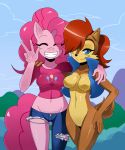  2012 2girls anthro anthrofied belly blue_eyes breasts brown_hair closed_eyes clothing crossover equine female friendship_is_magic hair horse my_little_pony navel pink_hair pinkie_pie pinkie_pie_(mlp) pony sally_acorn sega smile sonic_(series) sssonic2 