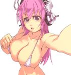 1girl big_breasts bikini breasts bust cleavage female_only headphones large_breasts long_hair looking_at_viewer navel nitroplus outstretched_arm pink_hair purple_eyes simple_background solo solo_female strap_pull super_sonico swimsuit upper_body white_background yuuji_(and)