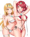  2_girls alluring big_breasts bikini blonde_hair gold_eyes half-dressed mythra pussy pyra red_eyes red_hair simple_background taken_from_behind white_background xenoblade_(series) xenoblade_chronicles_2 