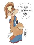  anthro ass basketball_shorts basketball_uniform bunny_ears bunny_tail callmepo callmepo gloves lola_bunny looking_at_viewer looking_back looney_tunes shorts shorts_down space_jam speech_bubble white_background 