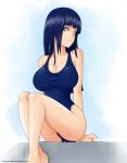  1girl amaterasu_(artist) arms_behind_back ass blue_hair breasts cleavage evil-dei evildei hinata_hyuuga knees_together_feet_together large_breasts legs legs_together long_hair naruto naruto_shippuden one-piece_swimsuit pool purple_eyes school_swimsuit sitting solo swimsuit underbutt 