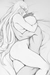  1boy 1girl ass bedroom between_breasts big_breasts blonde_hair blush breasts cleavage embrace embracing grin head_between_breasts hetero holding hugging legs long_hair looking_at_another lvl_(sentrythe2310) magisa_(granblue_fantasy) monochrome nude on_bed sex sideboob size_difference thick_thighs thighs toned toned_male wholesome 