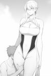 1boy 1girl big_breasts black_and_white blush breasts curvy grin hair_over_shoulder hands_on_thigh hetero looking_at_partner male/female monochrome motherly plump swimsuit thick_thighs thighs worship