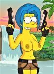  blue_hair breasts cameltoe erect_nipples gun marge_simpson no_bra shorts the_simpsons thighs topless yellow_skin 