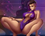  1girl 1girl alluring bare_shoulders barefoot big_breasts bikini breasts choker cleavage curvy dark_hair earrings flowerxl high_resolution legs legs_spread looking_at_viewer navel non-nude overwatch purple_eyes purple_hair sexy short_hair sling_bikini slut sombra sombra_(overwatch) squatting stomach thick thick_thighs two_tone_hair wide_hips 