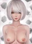  1girl 2020 alluring breasts grey_eyes high_resolution limgae looking_at_viewer mole mole_under_mouth nier:_automata nier_(series) nipples nude smile uncensored upper_body very_high_resolution white_hair yorha*2*b yorha_no._2_type_b 