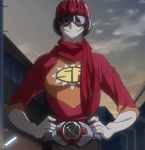  1_boy belt gloves goggles hand_on_hip hazama_masayoshi helmet high_res looking_at_viewer male masayoshi_hazama pose samurai_flamenco samurai_flamenco_(character) scarf solo superhero white_gloves 
