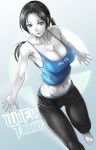 black_hair breasts character_name cleavage collarbone eyebrows eyelashes navel nintendo text toes vest white_skin wii wii_fit wii_fit_trainer yoga_pants