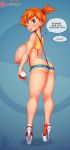  angry bare_legs breasts_outside butt_crack captainjerkpants curvy embarrassed english_text erect_nipples exposed_anus female_only green_eyes holding_poke_ball huge_breasts looking_at_viewer looking_back micro_shorts misty misty_(pokemon) open_mouth orange_hair pokemon shirt_lift short_hair speech_bubble topless 