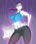 balance_board_(wii_fit) belly black_hair breasts hair lightning midriff navel nintendo posing purple_background vest wii wii_fit wii_fit_trainer yoga_pants