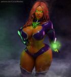  1girl 1girl 1girl 3d abs big_breasts breasts cleavage clothed cursedmadara dc_comics female_only glowing_eyes green_eyes hand_on_hip hourglass_figure koriand&#039;r long_hair looking_at_viewer navel orange_skin red_hair revealing_clothes starfire teen_titans thick_thighs thigh_high_boots voluptuous 