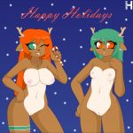  anthro anthrofied areola big_breasts breasts candy_cane cervine christmas female furry holidays honwell horn looking_at_viewer nipples nude one_eye_closed purple_eyes pussy reindeer sibling small_breasts snow twins wink 
