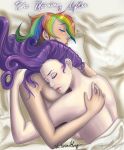  2girls after_sex aftersex anthro arm arms back bare_back bare_shoulders bed bed_sheet breasts closed_eyes earrings english eyeshadow female from_above girl_on_top hair highres hug hugging lips lipstick love lying makeup multicolored_hair multiple_girls my_little_pony nude on_back purple_hair rainbow_dash rainbow_hair rarity_(mlp) shiny shiny_hair shiny_skin sleeping yuri zepten 