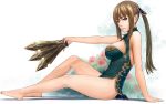  1girl arm arm_support arms artist_request bare_legs barefoot big_breasts breasts brown_eyes brown_hair china_dress chinadress chinese_clothes cleavage_cutout feet female holding knife long_hair looking_at_viewer ponytail sangoku_musou shin_sangoku_musou side_slit sitting wang_yuanji weapon 