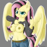 belt blue_eyes breasts dyed_hair ear_piercing flashing fluttershy friendship_is_magic jeans jumper lip_piercing looking_at_viewer middle_finger my_little_pony navel_piercing nipples piercing ring shirt_lift wings xanthor