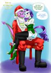 1boy 1girl 2013 anthro anthrofied ass beard bell blue_eyes blush boots breasts cat_eyes chair christmas cleavage couple cutie_mark dialogue dragon duo english_text equid equine eyeshadow facial_hair fangs female friendship_is_magic furry green_eyes hair hasbro hat holidays horn horse makeup male male/female my_little_pony nail_polish necklace pia-sama pony purple_hair purple_mane rarity rarity_(mlp) santa santa_costume santa_hat sitting slit_pupils spike spike_(mlp) stockings text unicorn white_body white_fur