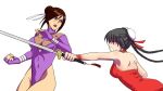 2_girls 2girls art battle black_hair breasts brown_eyes brown_hair china_dress chinese_clothes cleavage double_bun dress female fight fighting green_eyes multiple_girls original piw sword twintails warrior weapon
