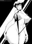  1girl 2019 areola big_breasts dated erect_nipples grin looking_at_viewer monochrome nabiki_tendo navel pussy ranma_1/2 short_hair signature simple_background sling_bikini tiquitoc wide_hips 