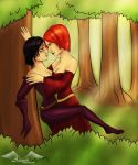 2_girls 2girls against_tree art aztarieth bare_shoulders black_hair braid breast_press breasts cleavage dana_(dragon_age) detached_sleeves dragon_age dress eye_contact female forest gloves grass incipient_kiss leliana lips looking_at_another love multiple_girls neck off_shoulder orange_hair purple_dress red_dress short_hair tree undressing yuri