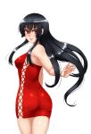 1girl 1girl akame_(akame_ga_kill!) akame_ga_kill! alluring ass bare_shoulders black_hair blush breasts dress high_res jewelry lips long_hair looking_at_viewer medium_breasts parted_lips pink_eyes red_dress ring simple_background skin_tight smile standing twrlare white_background 
