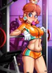  1girl accelart big_breasts blue_eyes breasts brown_hair clothed_female comic condom condom_in_mouth condom_wrapper eyelashes female_focus female_only gloves gym high_res legs long_hair looking_at_viewer mario_(series) mario_strikers mature mature_female medium_hair orange_shirt orange_shorts princess_daisy shirt shorts soccer_uniform solo_female solo_focus tagme tomboy video_game_character video_game_franchise 