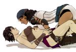  2_girls 2girls all_fours arm arm_grab arm_support arms art artist_request ass bandana bare_legs bare_shoulders bethany_hawke_(dragon_age) between_legs black_hair blush boots breast_press breasts dark_skin dragon_age dragon_age_2 earrings eye_contact female fingerless_gloves girl_on_top gloves interracial isabela_(dragon_age) jewelry knee_boots leg_grab legs lips lipstick looking_at_another love lying multiple_girls naughty_face neck on_back parted_lips scar shiny shiny_skin short_hair side_slit simple_background skirt smile strapless thigh_boots tubetop white_background yuri 