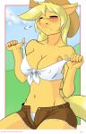  1girl 2013 anthro applejack_(mlp) belly big_breasts blonde_hair blush breasts cleavage closed_eyes equine erect_nipples friendship_is_magic hair horse long_hair midriff my_little_pony navel nipples outside panties pony solo sweat the-unicorn-lord underwear 