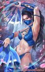  1girl alluring armpits arms_up bangs bare_arms bare_shoulders big_breasts bikini black_hair blue_bikini blue_eyes bracelet breasts cleavage clenched_hands dual_wielding earrings eyelashes fantasy fighting_stance fingernails holding jewelry judash137 kitana light-skinned_female light_skin long_hair looking_at_viewer magic mask midway_games mortal_kombat muscle navel revealing_clothes skirt standing stockings swimsuit thighs tiara toned very_long_hair weapon 