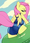  2013 butt equine female fluttershy fluttershy_(mlp) friendship_is_magic fur green_eyes hair horse long_hair magenta-samson my_little_pony outside pegasus pink_hair pony solo swimsuit wings yellow_fur 