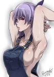  1girl alternate_costume armpits arms_behind_head arms_up ayane_(doa) bangs breasts buckle butcha-u dated dead_or_alive denim eroquis female hair headband hips holding_arm large_breasts lips looking_at_viewer naked_overalls no_bra overalls purple_hair red_eyes shadow shiny shiny_skin short_hair showing_armpits sideboob signature simple_background solo sweat thick_lips toned upper_body white_background 
