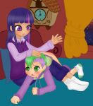 1girl 2012 almond-art ass bed clock clothed clothing couple curtains friendship_is_magic green_eyes green_hair hair human humanized inside my_little_pony night not_furry open_mouth pants pillow purple_hair shirt sitting socks spanking spike_(mlp) sweater twilight_sparkle_(mlp) young