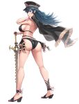 1girl absurd_res alluring alternate_costume alternate_version_available ass ass_focus back back_view big_breasts bikini black_bikini black_swimsuit blue_eyes breasts byleth_(female) byleth_(female)_(fire_emblem) byleth_(fire_emblem) byleth_(fire_emblem)_(female) byleth_(summer)_(fire_emblem)_(female) female_only fire_emblem fire_emblem:_three_houses fire_emblem_heroes from_behind full_body gonzarez hat high_heels high_res long_hair long_legs looking_at_viewer looking_back nintendo official_alternate_costume revision shiny_skin sideboob simple_background standing swimsuit sword sword_of_the_creator teal_hair thick_thighs weapon white_background