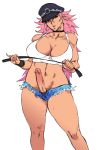  1girl bare_legs big_hair black_panties blue_eyes breasts censored choker cleavage cutoffs erection final_fight futanari hat highres kyura9een kyura_(kyura9een) kyuraa_(kyura9een) large_breasts long_hair mosaic_censoring newhalf panties peaked_cap penis pink_hair pinky_out poison poison_(final_fight) riding_crop short_shorts shorts solo street_fighter underwear 