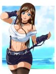 1girl abs alluring athletic_female breasts brown_hair cleavage clothed dead_or_alive female_abs female_only fit_female human kokoro kokoro_(doa) looking_at_viewer raburebo shirt skirt stockings tecmo wide_hips
