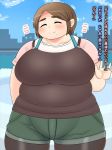  1girl blush breasts brown_eyes brown_hair chubby closed_eyes fat female hair large_breasts shimejix short_hair smile text translation_request 